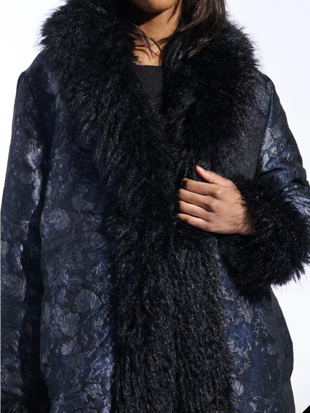 Navy Floral Jacquard Trench Coat with Black Faux Fur Trim - Picture 2 of 9